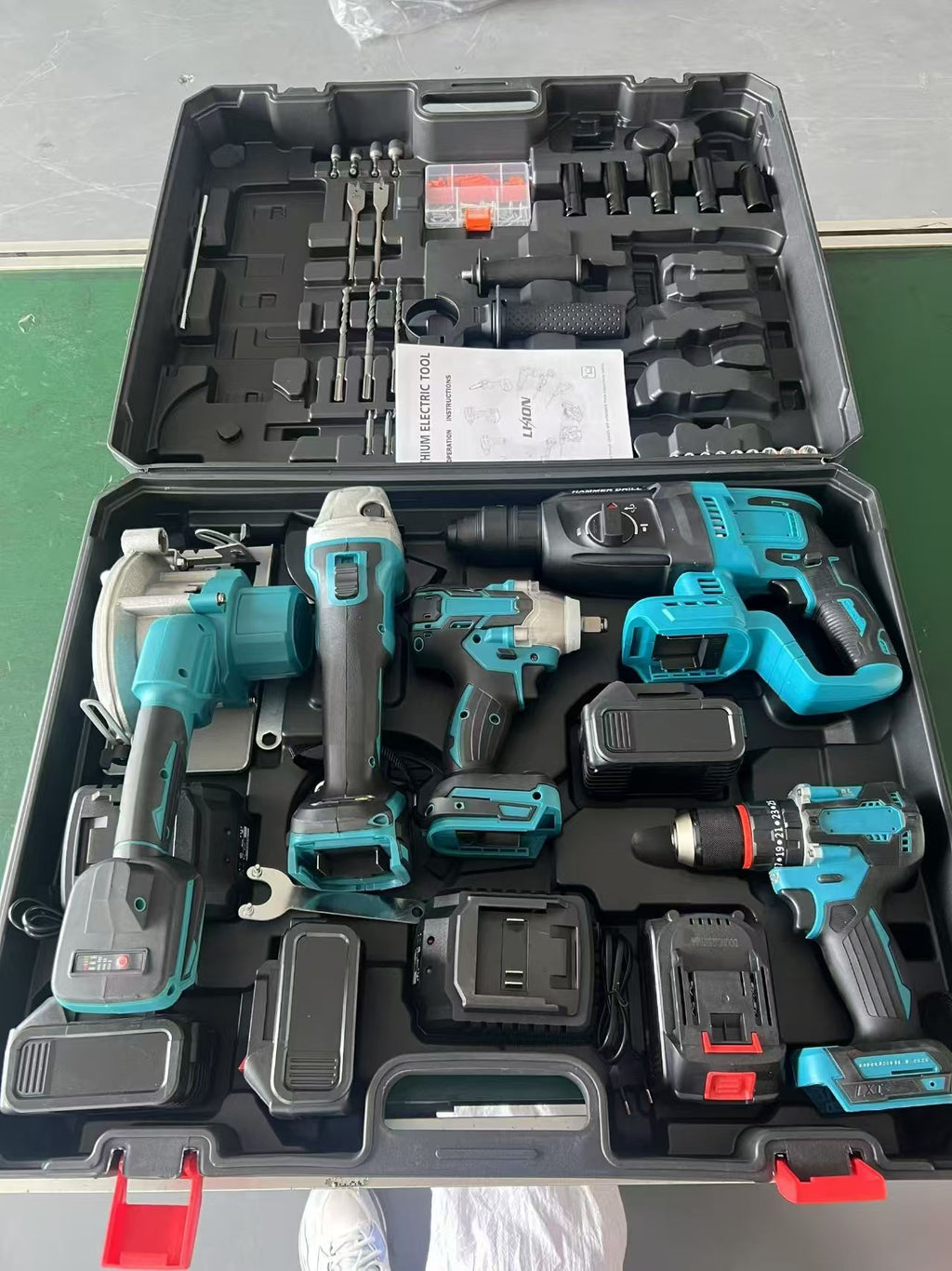 21V Brushless Cordless Power Tool Combo Kit: 5 Set with Drill, Impact Wrench, Angle Grinder, Circular Saw & Rotary Hammer